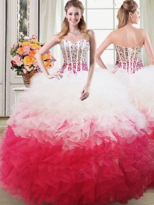 Custom Design Organza Sweetheart Sleeveless Lace Up Beading and Ruffles 15th Birthday Dress in Pink And White