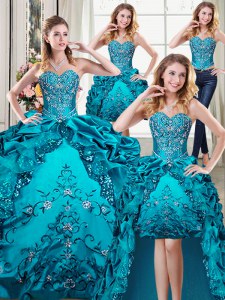 Four Piece Teal Ball Gowns Beading and Embroidery and Pick Ups Sweet 16 Quinceanera Dress Lace Up Organza and Taffeta Sleeveless Floor Length