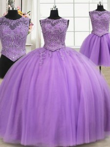 Superior Three Piece Lilac Ball Gowns Tulle Scoop Sleeveless Beading and Appliques Floor Length Lace Up Quinceanera Dresses