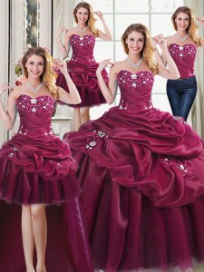 Adorable Four Piece Floor Length Lace Up Sweet 16 Dress Burgundy for Military Ball and Sweet 16 and Quinceanera with Beading and Appliques and Pick Ups