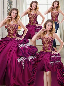 Beautiful Four Piece Burgundy Taffeta Lace Up Sweetheart Sleeveless Floor Length Sweet 16 Dresses Beading and Appliques and Pick Ups