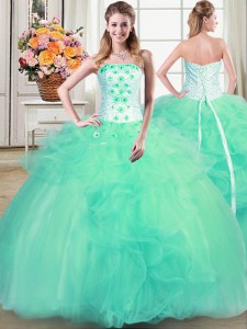 Floor Length Turquoise Quinceanera Dress Strapless Sleeveless Lace Up