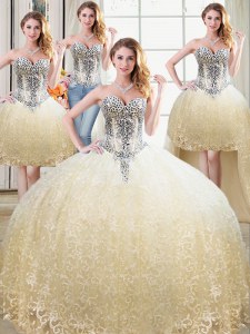 Clearance Four Piece Champagne Ball Gowns Tulle and Lace Sweetheart Sleeveless Beading and Lace Floor Length Lace Up Vestidos de Quinceanera