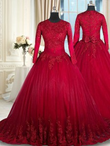 Edgy Scoop Long Sleeves Beading and Lace and Bowknot Clasp Handle Quince Ball Gowns