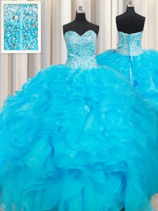Nice Floor Length Baby Blue Sweet 16 Dresses Organza Sleeveless Beading and Ruffles
