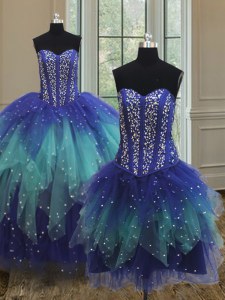 Customized Three Piece Floor Length Multi-color Quinceanera Gown Sweetheart Sleeveless Lace Up
