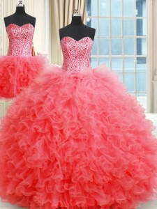 Three Piece Coral Red Sweetheart Neckline Beading and Ruffles Sweet 16 Quinceanera Dress Sleeveless Lace Up