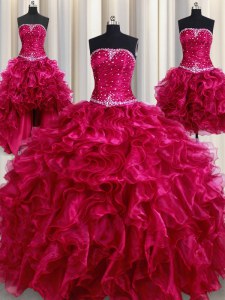 Stylish Four Piece Burgundy Ball Gowns Organza Strapless Sleeveless Beading and Ruffles Floor Length Lace Up Sweet 16 Dresses