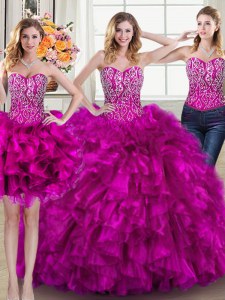 Charming Three Piece Beading and Ruffles Sweet 16 Quinceanera Dress Fuchsia Lace Up Sleeveless Brush Train