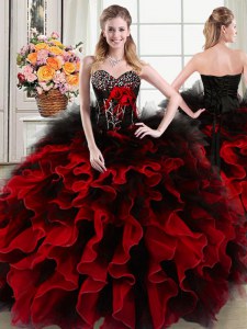 High Quality Beading and Ruffles and Hand Made Flower Quince Ball Gowns Black and Red Lace Up Sleeveless Floor Length