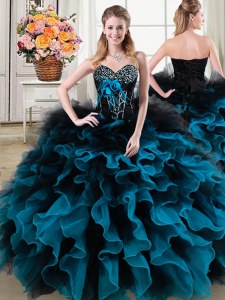 Gorgeous Sweetheart Sleeveless Sweet 16 Dress Floor Length Beading and Ruffles and Hand Made Flower Black and Blue Organza and Tulle