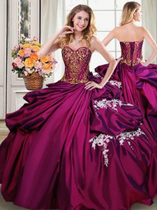 Best Burgundy Taffeta Lace Up Sweetheart Sleeveless Floor Length Ball Gown Prom Dress Beading and Appliques and Pick Ups