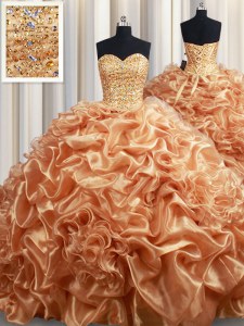 Pick Ups Champagne Sleeveless Organza Court Train Lace Up Quinceanera Gowns for Military Ball and Sweet 16 and Quinceanera