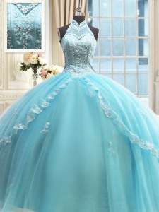Top Selling Halter Top Sleeveless Tulle Floor Length Lace Up Vestidos de Quinceanera in Aqua Blue with Beading and Lace and Appliques