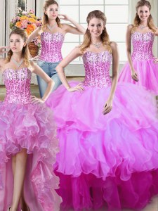 Custom Fit Four Piece Multi-color Sleeveless Floor Length Ruffles and Sequins Lace Up Quinceanera Gowns