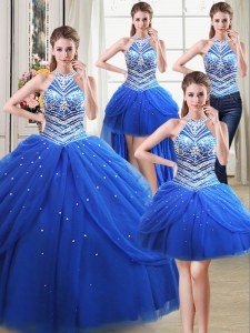 Fantastic Four Piece Halter Top Sleeveless Tulle Floor Length Lace Up Quinceanera Dress in Royal Blue with Beading and Pick Ups