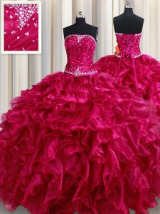 Designer Fuchsia Strapless Neckline Beading and Ruffles 15th Birthday Dress Sleeveless Lace Up