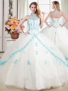 Halter Top White Sleeveless Floor Length Beading and Appliques Lace Up Quinceanera Dress