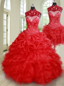 Popular Three Piece Sleeveless Floor Length Beading and Ruffles and Pick Ups Lace Up Vestidos de Quinceanera with Red