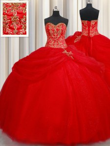 Red Lace Up Sweetheart Beading and Pick Ups Sweet 16 Quinceanera Dress Tulle Sleeveless