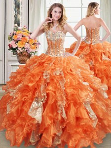 Orange Sweetheart Lace Up Beading and Ruffles and Sequins Vestidos de Quinceanera Sleeveless