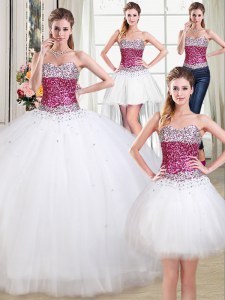 Customized Four Piece Ball Gowns 15th Birthday Dress White Sweetheart Tulle Sleeveless Floor Length Lace Up