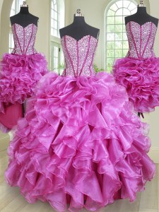 Excellent Four Piece Fuchsia Sweetheart Neckline Beading and Ruffles Sweet 16 Quinceanera Dress Sleeveless Lace Up