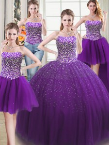 Four Piece Purple Sleeveless Beading Floor Length Sweet 16 Quinceanera Dress with Jacket