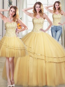 Enchanting Three Piece Sequins Floor Length Ball Gowns Sleeveless Gold Sweet 16 Dress Lace Up