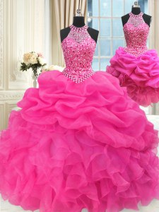 Fashionable Three Piece Hot Pink Lace Up Halter Top Beading and Ruffles and Pick Ups Sweet 16 Dresses Organza Sleeveless