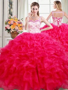 Straps Sleeveless Lace Up Quinceanera Dress Hot Pink Organza
