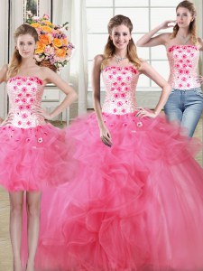 Glittering Three Piece Hot Pink Sleeveless Beading and Appliques and Ruffles Floor Length Quinceanera Dresses