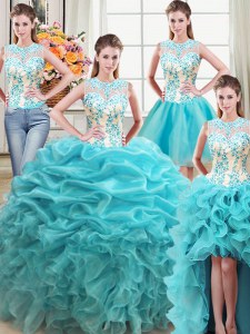 High Quality Four Piece Scoop Sleeveless Organza 15 Quinceanera Dress Beading and Ruffles Lace Up
