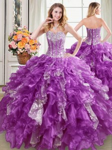Noble Sleeveless Organza Floor Length Lace Up Ball Gown Prom Dress in Purple with Beading and Ruffles and Sequins