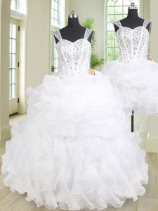 Discount Three Piece White Lace Up Straps Beading and Ruffles Sweet 16 Dresses Organza Sleeveless