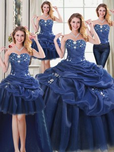Fancy Four Piece Sleeveless Organza Floor Length Lace Up Quince Ball Gowns in Navy Blue with Appliques