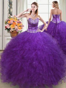 Perfect Eggplant Purple Quinceanera Dress Military Ball and Sweet 16 and Quinceanera and For with Beading and Ruffles Sweetheart Sleeveless Lace Up