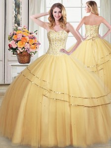 Gold Tulle Lace Up Sweetheart Sleeveless Floor Length Quince Ball Gowns Beading and Sequins