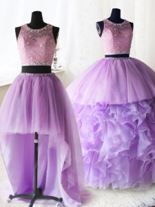 Three Piece Scoop Sleeveless Brush Train Zipper Quinceanera Gown Lilac Organza and Tulle