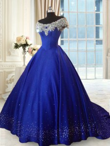 Royal Blue Lace Up Off The Shoulder Beading and Lace Sweet 16 Quinceanera Dress Satin Cap Sleeves