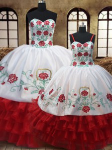 Adorable White And Red Organza Lace Up Sweet 16 Quinceanera Dress Sleeveless Floor Length Embroidery and Ruffled Layers