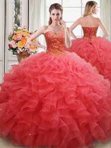 Floor Length Lace Up 15 Quinceanera Dress Coral Red for Military Ball and Sweet 16 and Quinceanera with Beading and Ruffles