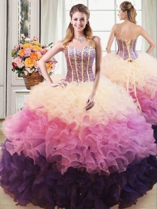 Admirable Beading and Ruffles Sweet 16 Dresses Multi-color Lace Up Sleeveless Floor Length