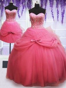 Fashionable Three Piece Rose Pink Sweetheart Lace Up Beading and Bowknot Quinceanera Gowns Sleeveless