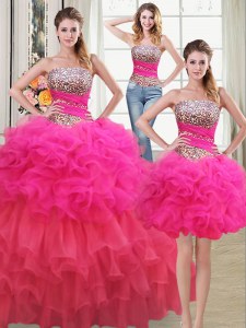 Fashion Three Piece Organza Sleeveless Floor Length Quinceanera Dresses and Beading and Ruffles and Ruffled Layers and Sequins