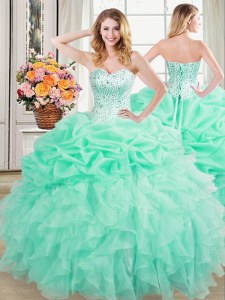 Fabulous Sleeveless Floor Length Beading and Ruffles and Pick Ups Lace Up Quinceanera Dress with Apple Green