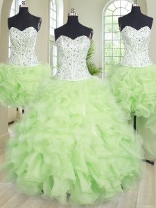 Flare Four Piece Yellow Green Organza Lace Up 15 Quinceanera Dress Sleeveless Floor Length Beading and Ruffles