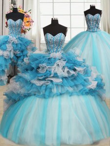 Sophisticated Sleeveless Floor Length Beading and Ruffles Lace Up Quinceanera Gown with Blue And White
