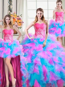 Four Piece Floor Length Zipper Sweet 16 Dresses Multi-color for Military Ball and Sweet 16 and Quinceanera with Beading and Ruffles