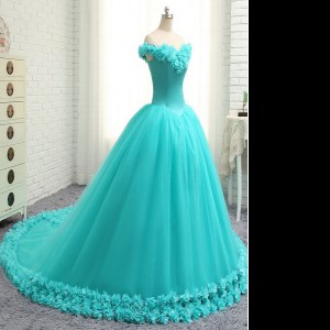 Most Popular Off the Shoulder With Train Aqua Blue 15th Birthday Dress Tulle Court Train Cap Sleeves Hand Made Flower